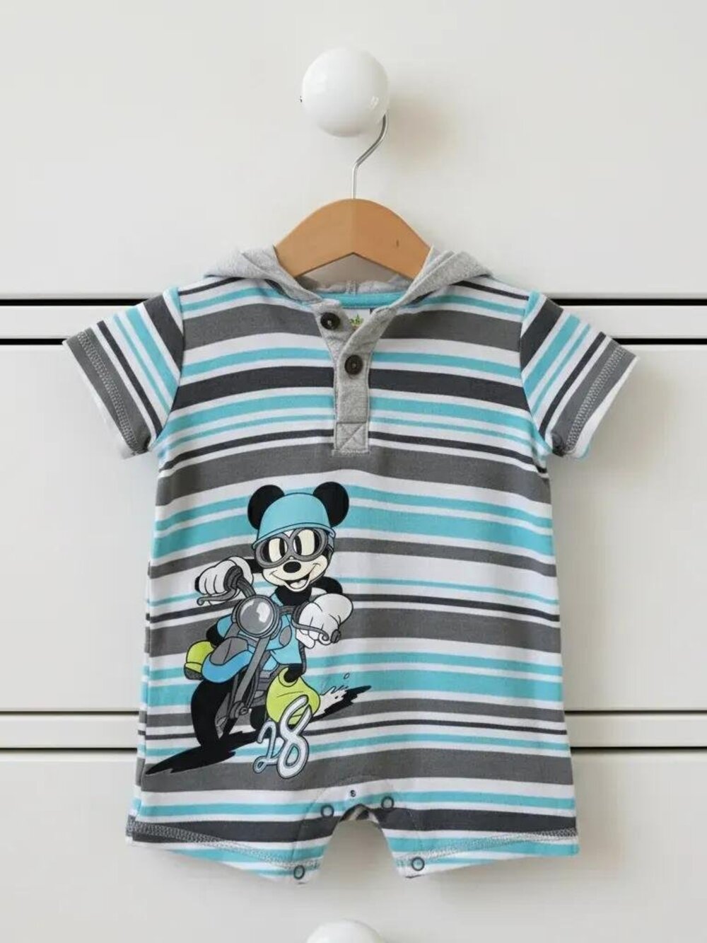 Disney Baby Mickey Mouse Riding a Motorcycle 28 Stripe Hooded Romper Size 6-9 M